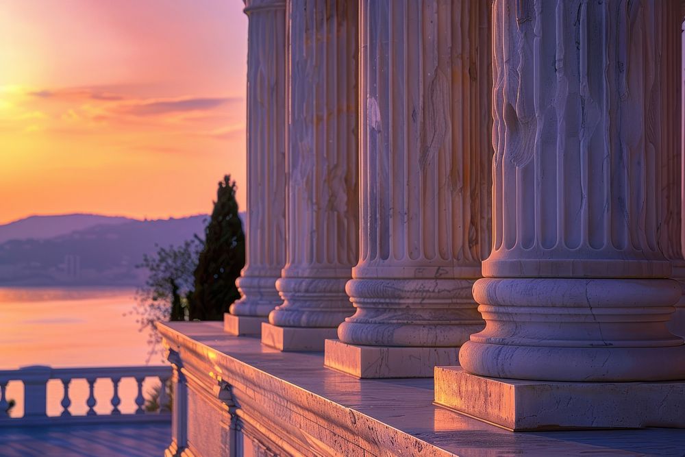 Ionic marble columns waterfront outdoors scenery.