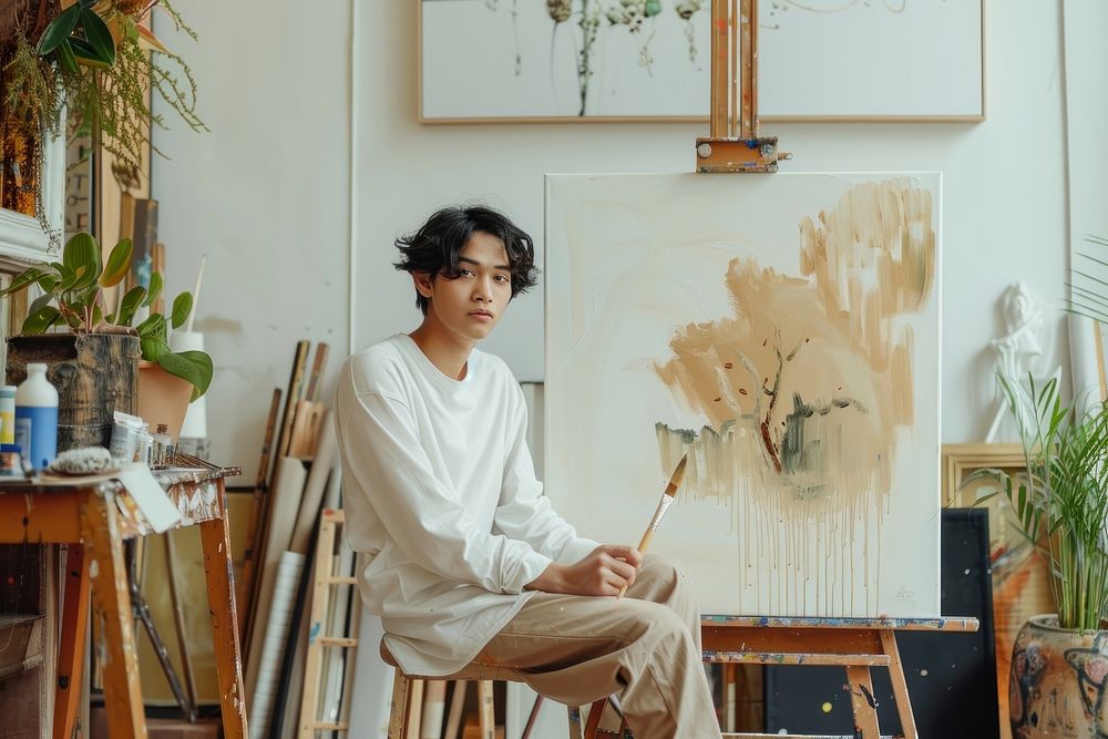 Indonesian teenager painting sitting indoors device.