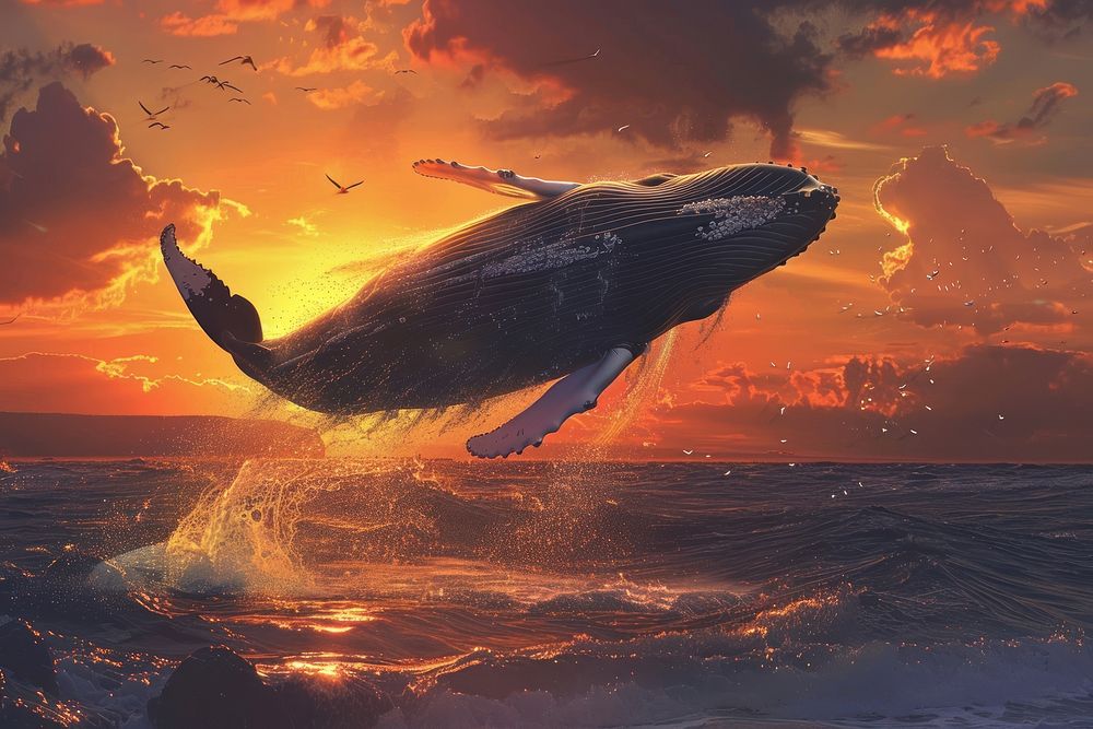 Jumping humpback whale over water outdoors mountain animal.