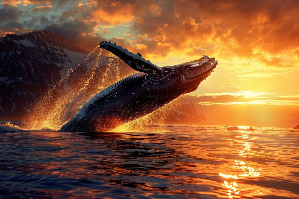 Jumping humpback whale over water outdoors sunrise animal.