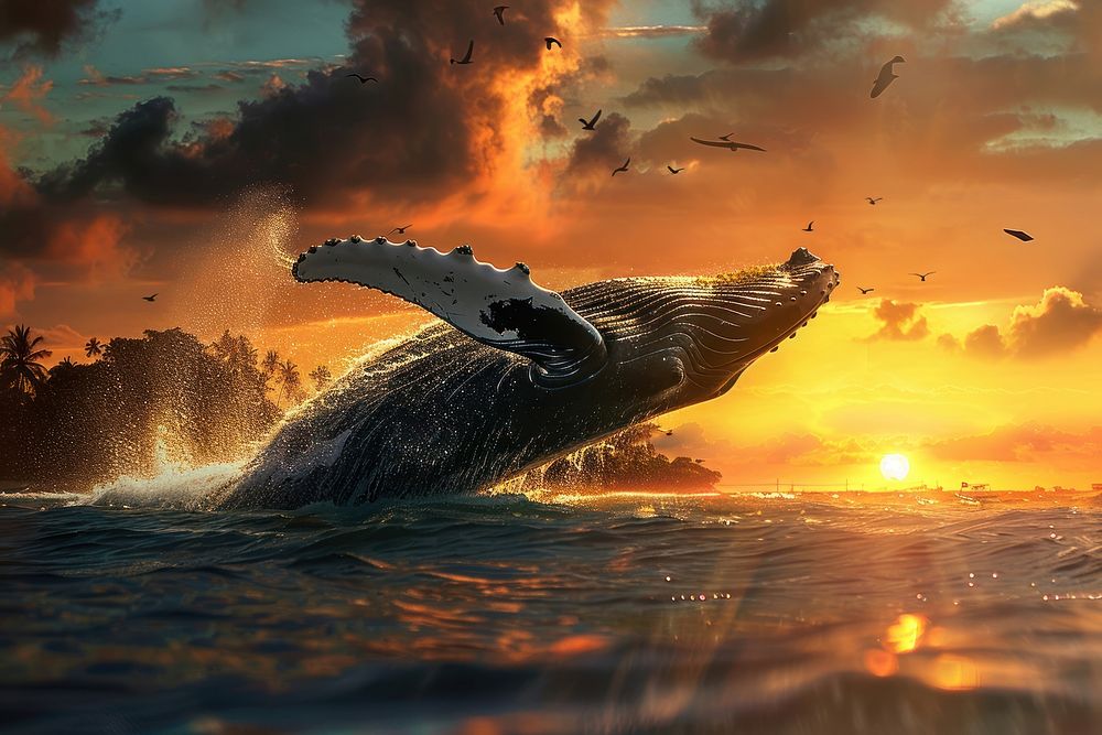 Jumping humpback whale over water astronomy outdoors animal.