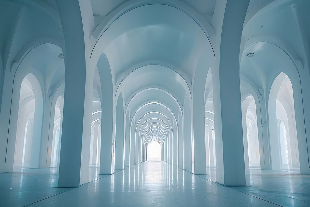 Liminal white building with arches architecture corridor flooring.