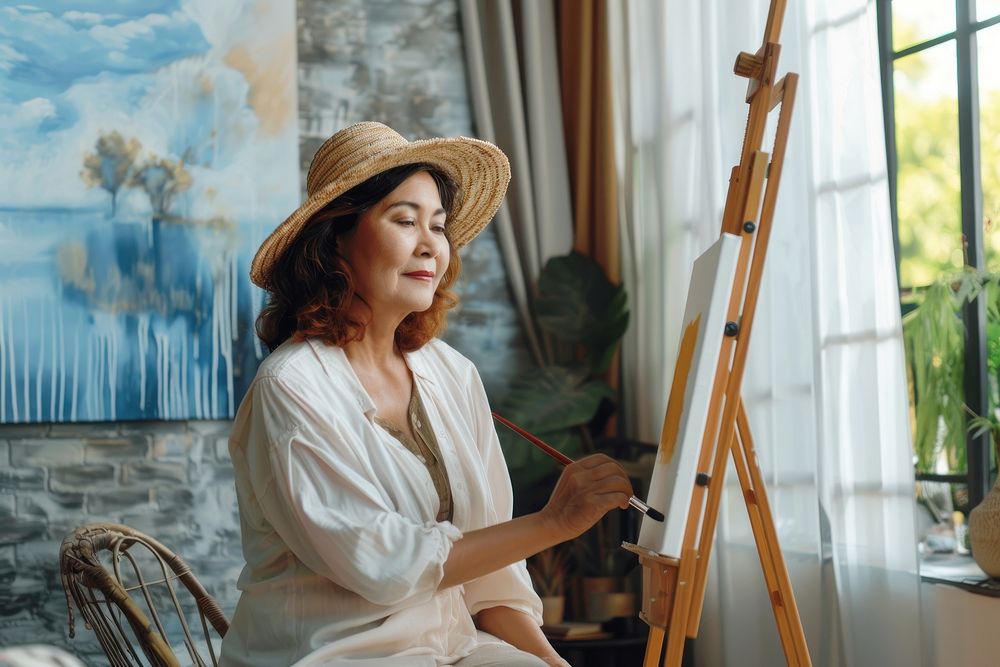 Middle age Filipino woman painting sitting female person.