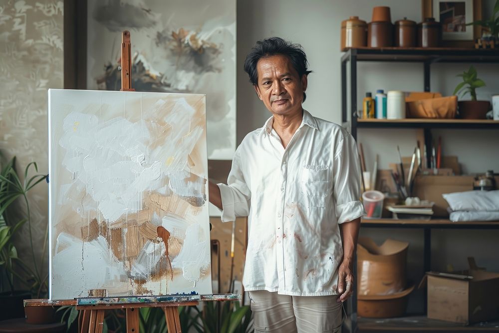 Middle age thai man painting canvas wedding person.