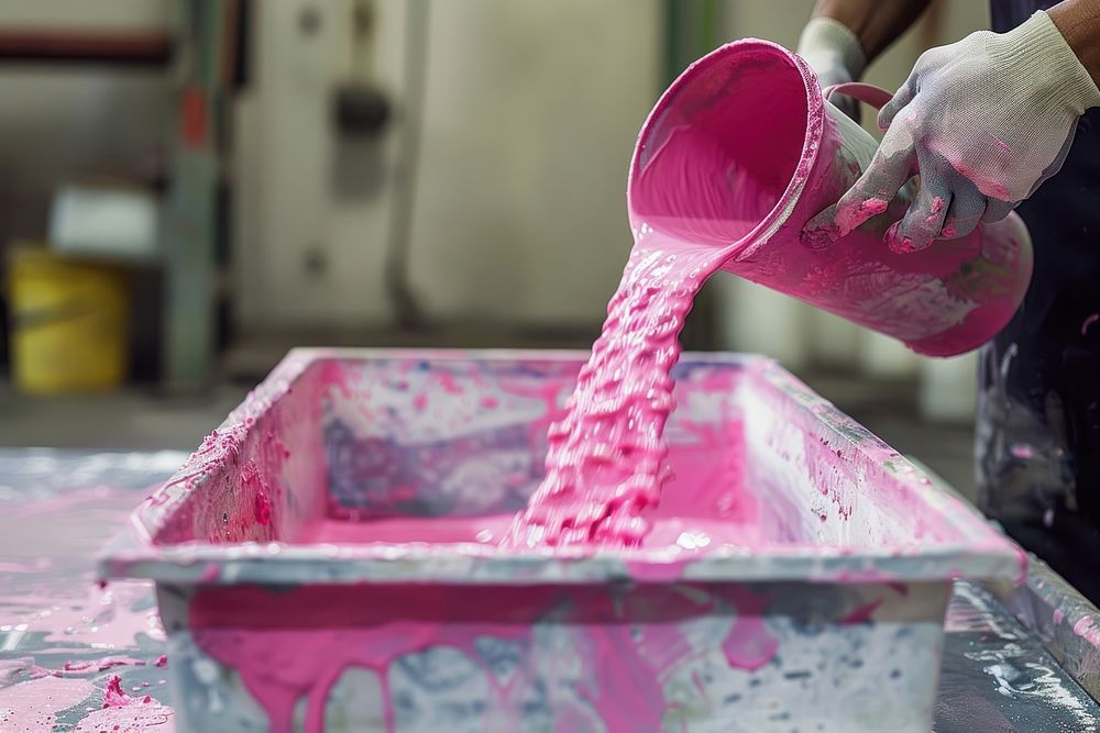 Worker pouring pink color paint to tray clothing apparel cooking.