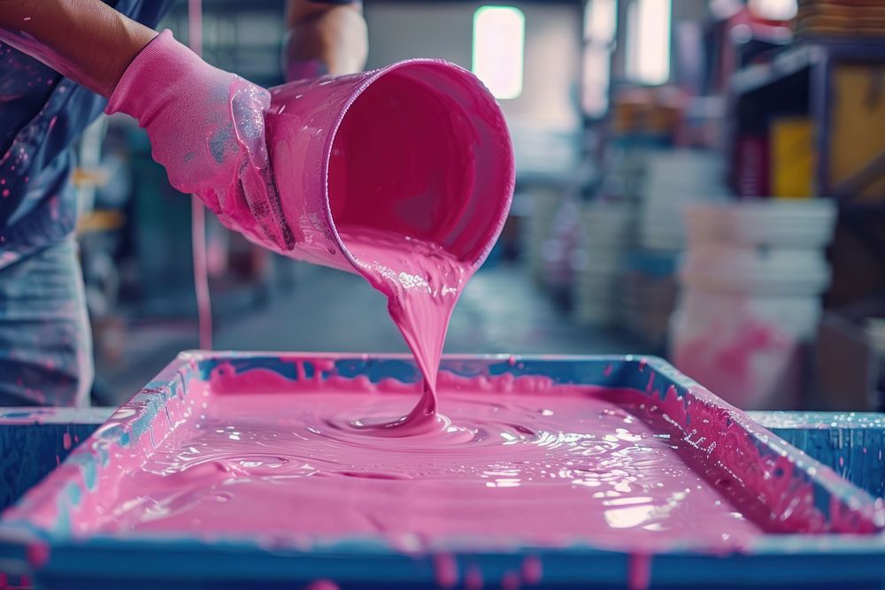 Worker pouring pink color paint to tray cooking food tin.
