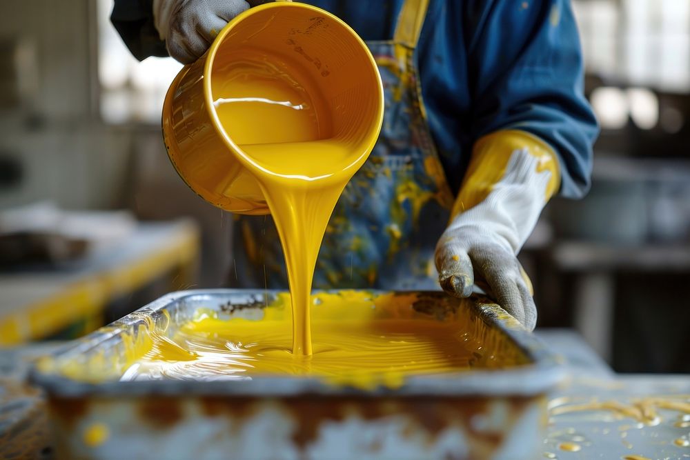 Worker pouring yellow color paint to tray clothing cooking apparel.