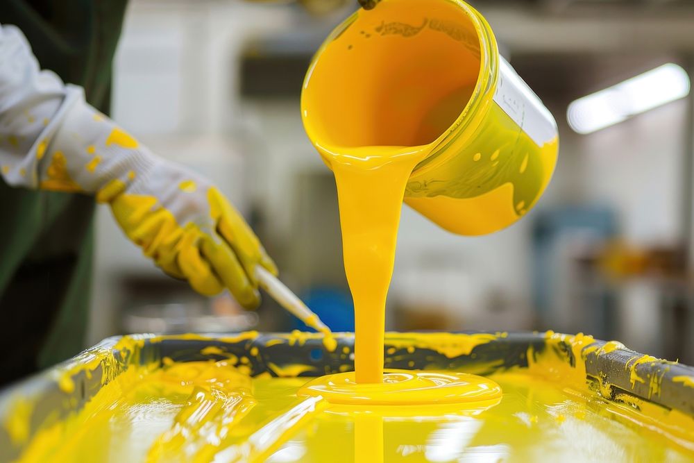 Worker pouring yellow color paint to tray beverage cooking person.