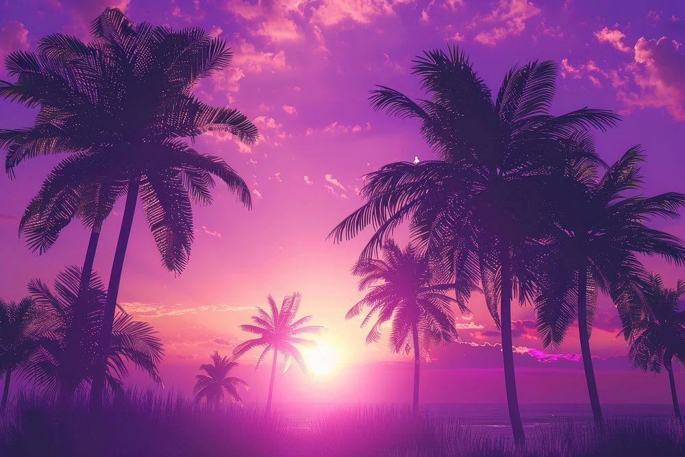 Landscape with palm trees purple sunset sky.