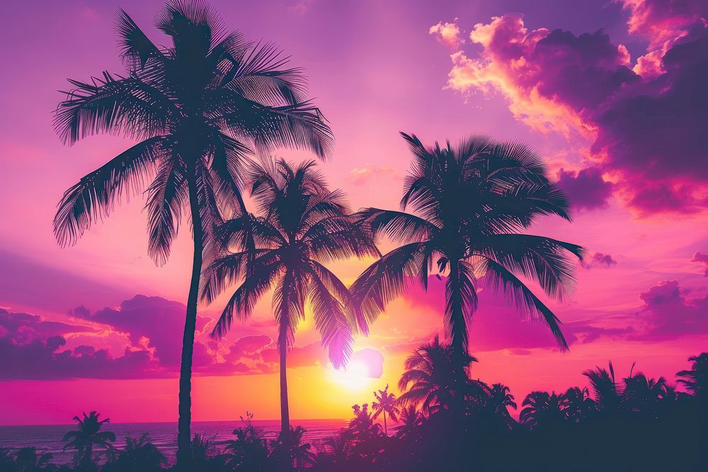 Landscape with palm trees sunset purple sky.