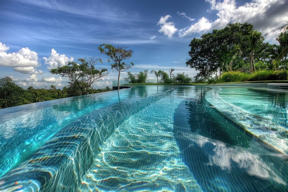 Swimming pools outdoors vegetation recreation.