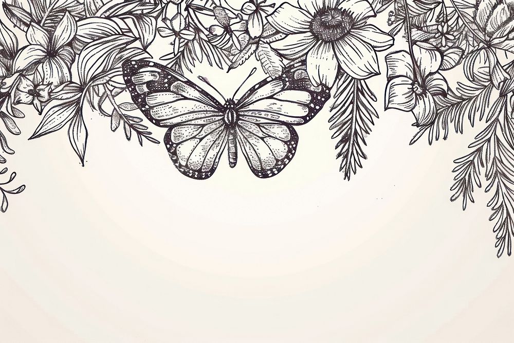 Vintage drawing butterflves and flowers illustrated graphics pattern.