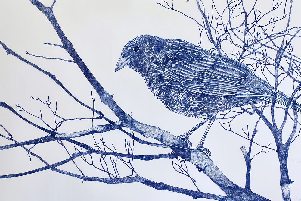 Vintage drawing canary bird on tree illustrated blackbird agelaius.