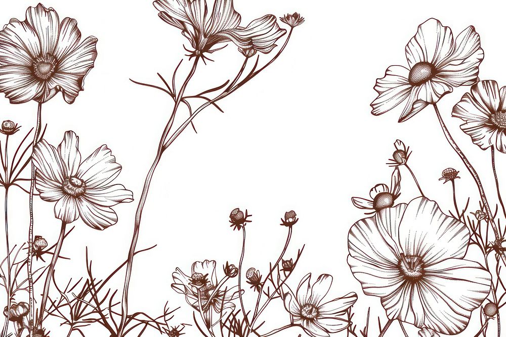 Vintage drawing chocolate cosmos flowers illustrated graphics pattern.