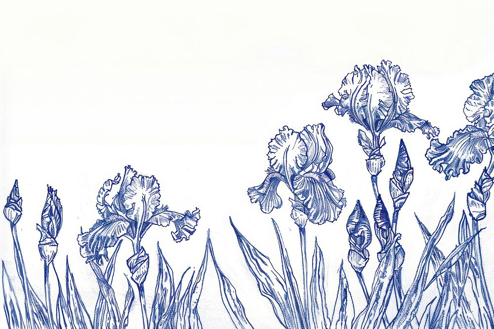 Vintage drawing iris flowers illustrated blossom sketch.