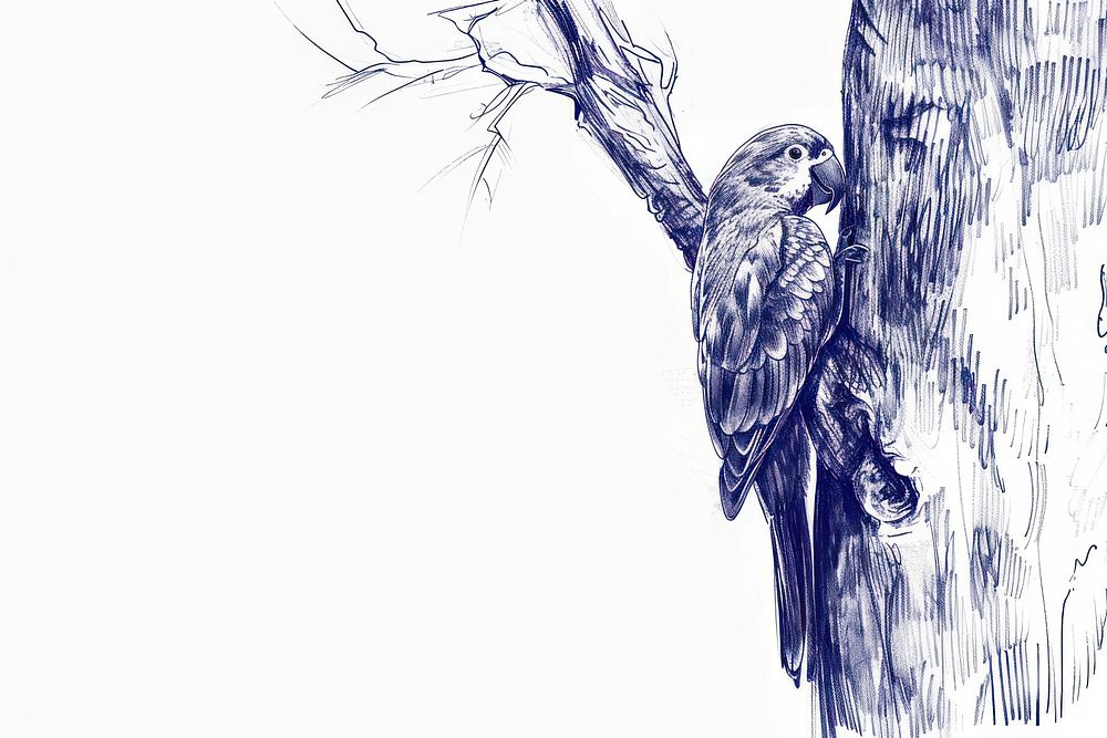 Vintage drawing parrotlet bird on tree illustrated sketch animal.