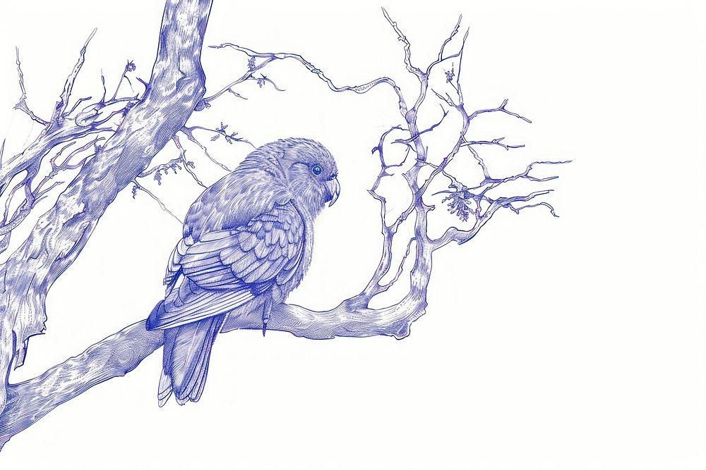 Vintage drawing parrotlet bird on tree illustrated sketch animal.