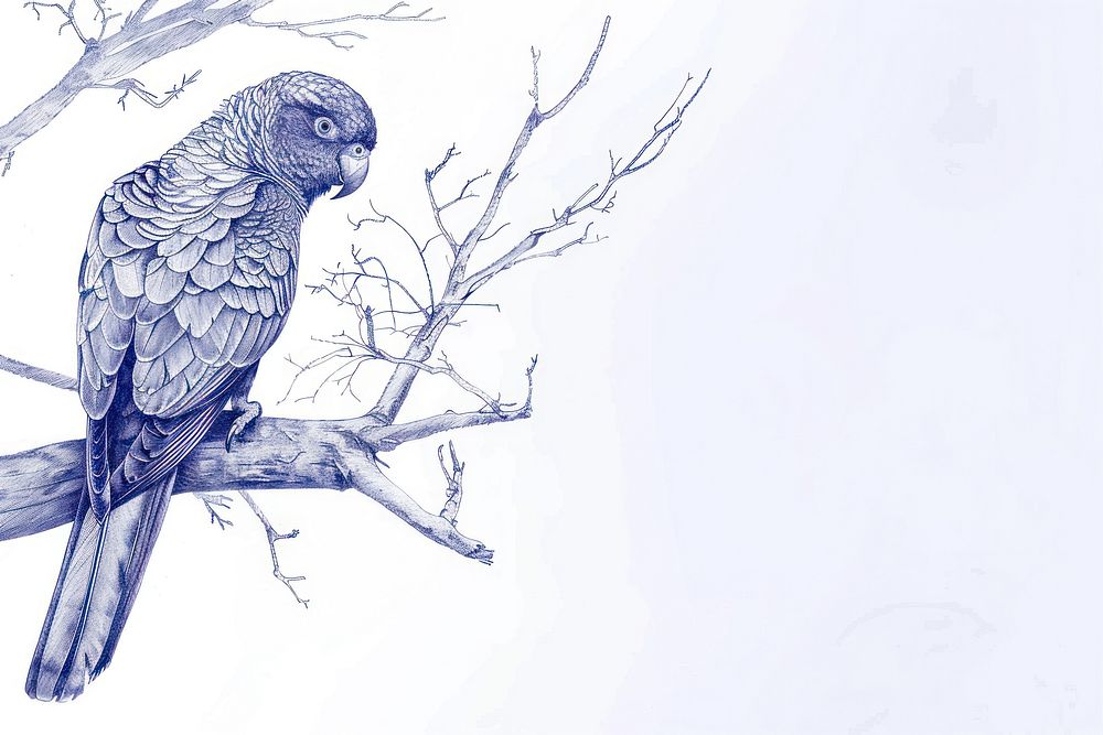 Vintage drawing quaker parrot bird on tree illustrated animal sketch.