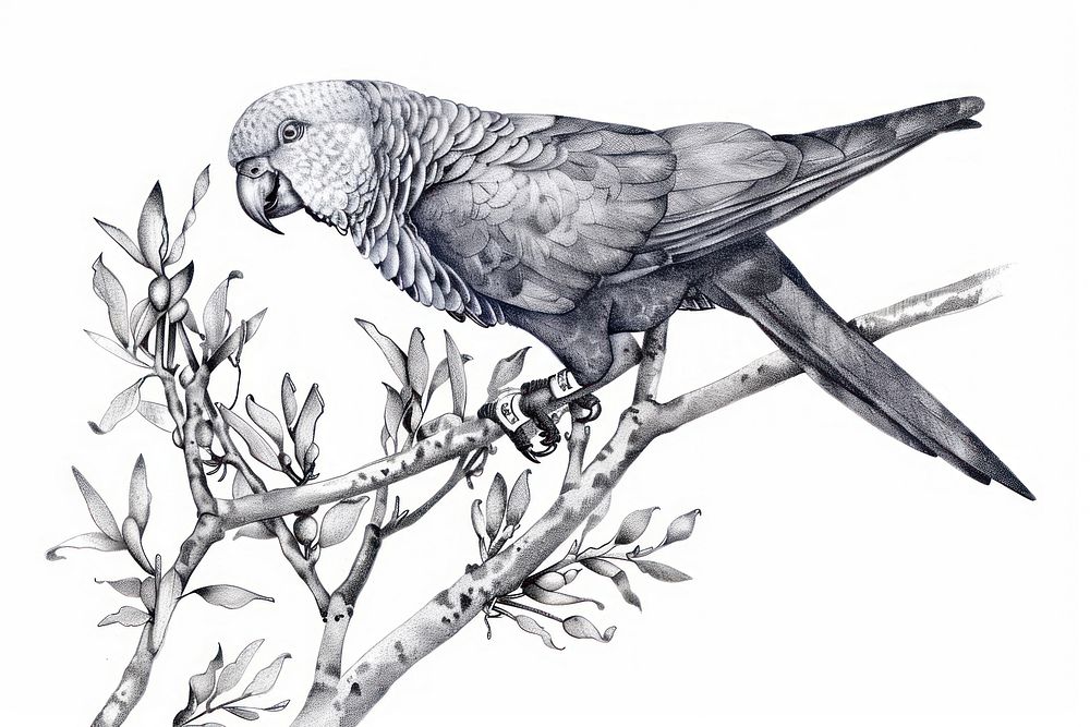 Vintage drawing quaker parrot bird on tree illustrated sketch animal.