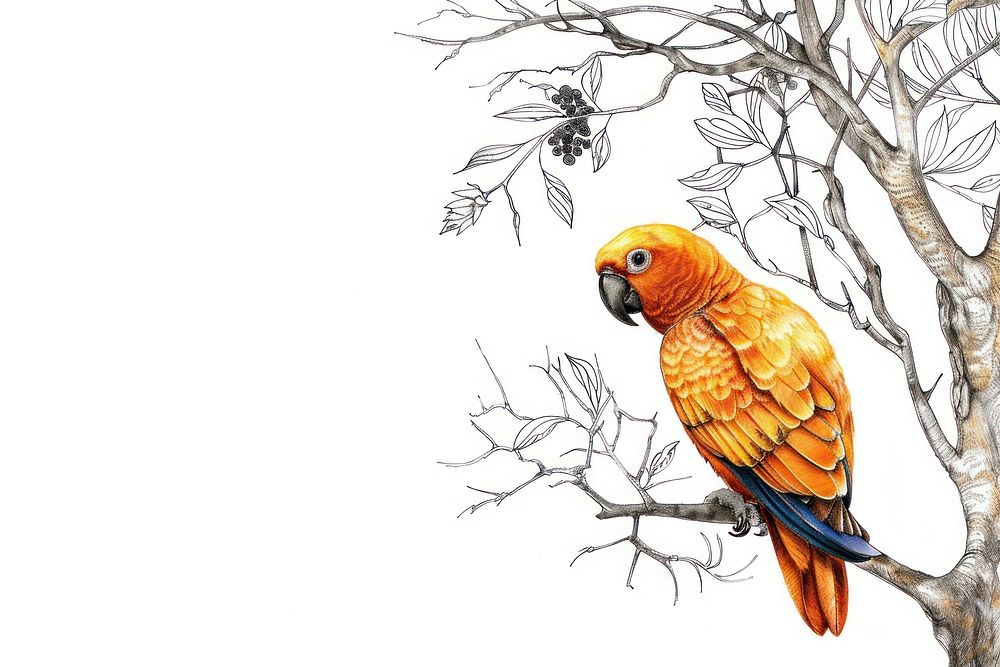 Vintage drawing sun conure bird on tree illustrated animal parrot.