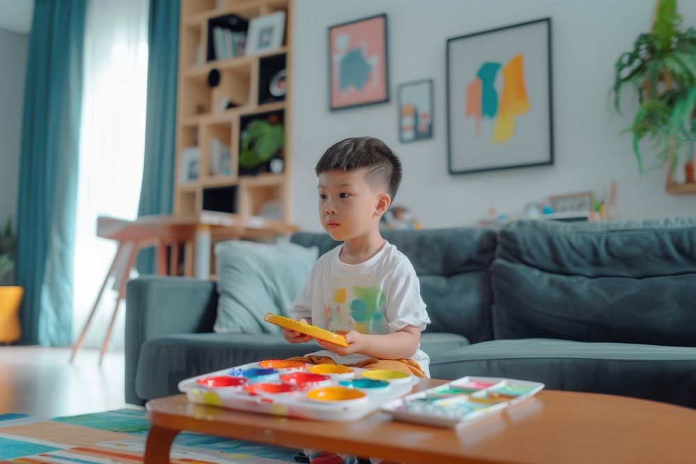 Singaporean kid holding paint furniture sitting person.