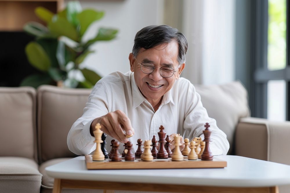 Middle age Vietnamese playing chess person human game.