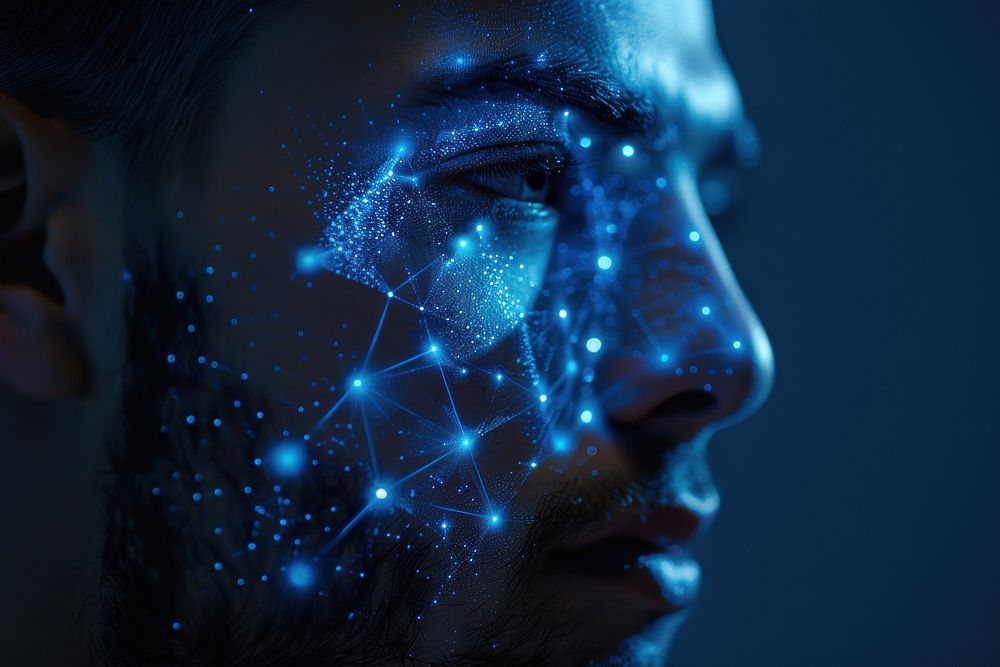 Futuristic computer face scan technology portrait science.