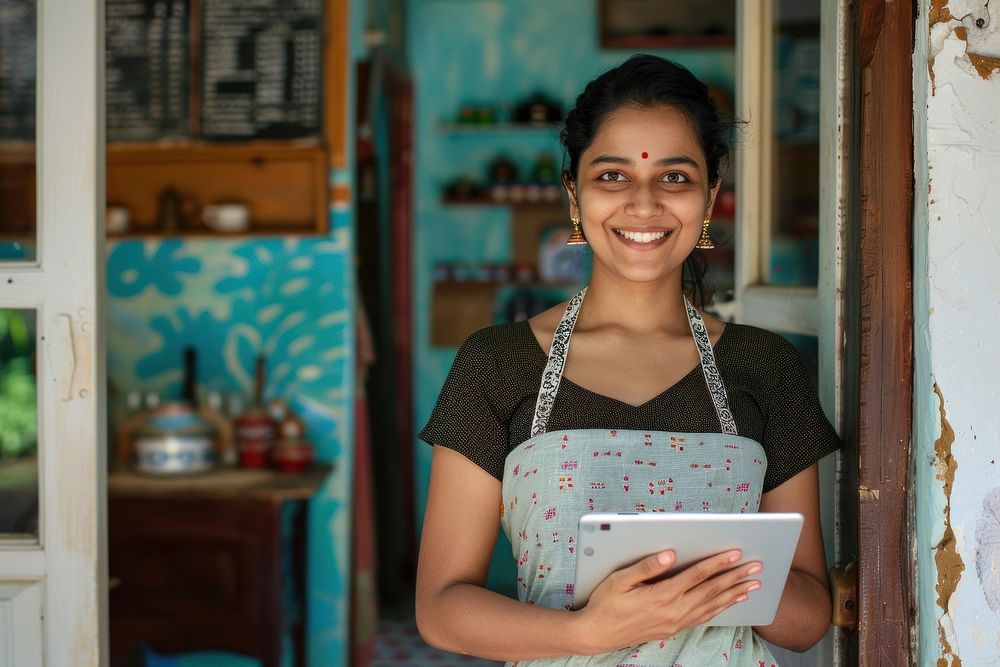 Indian woman holding tablet happy electronics computer.