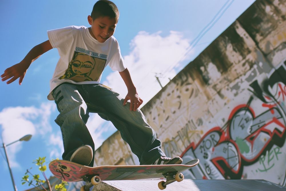 Boy playing skateboard clothing footwear apparel.