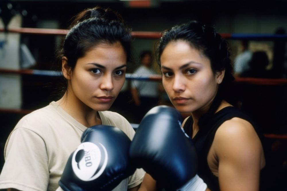 Hispanic women boxing clothing punching.
