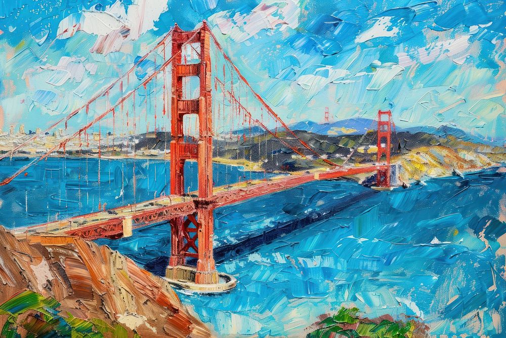 Golden Gate Bridge Painting Landmark Premium Photo Illustration CHJpdmF0ZS9sci9pbWFnZXMvd2Vic2l0ZS8yMDI0LTAzL2Rlc2lnbndpdGhtZTA5X2ltcHJlc3Npb25pc3RfcGFpbnRpbmdfb2ZfdGhlX2dvbGRlbl9nYXRlX2JyaWRnZV9mYzgyM2NiMS1jNzA2LTRkODAtYWU2ZC1jODUyNWMwNTIzZjBfMS5qcGc