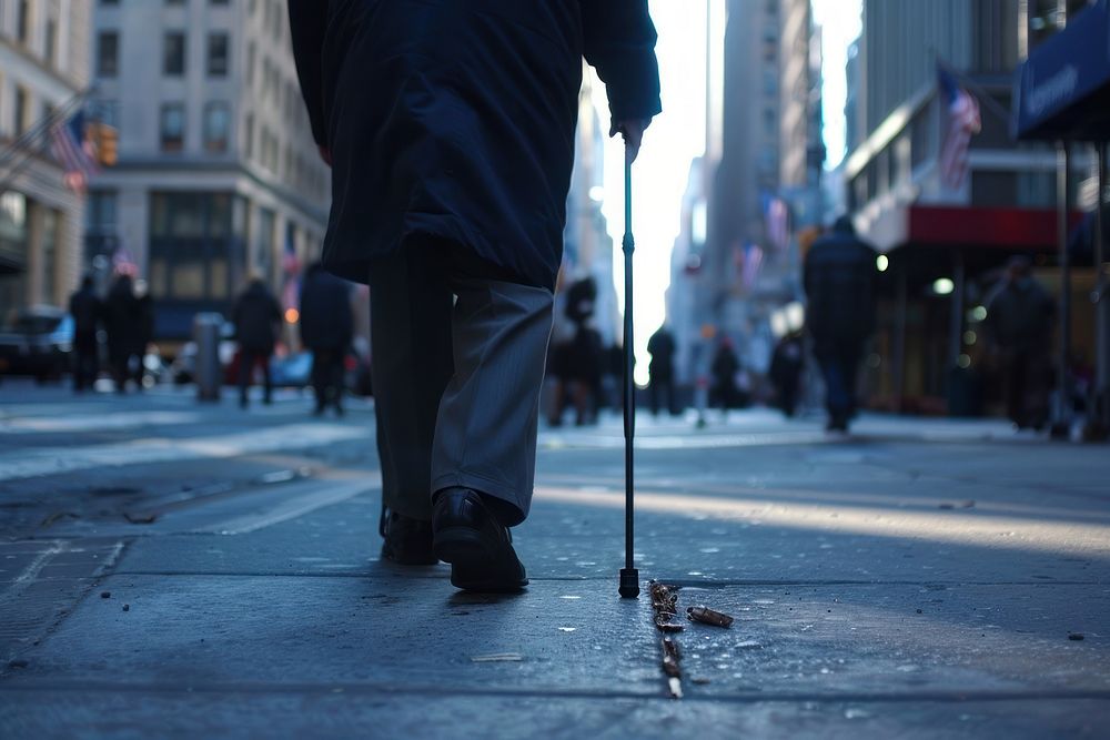 Blind man using walking cane urban city transportation.