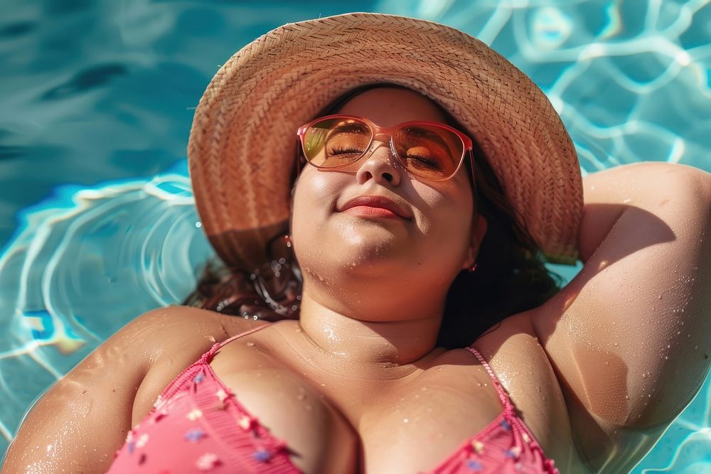 Happy fat hispanic women summer photo pool.