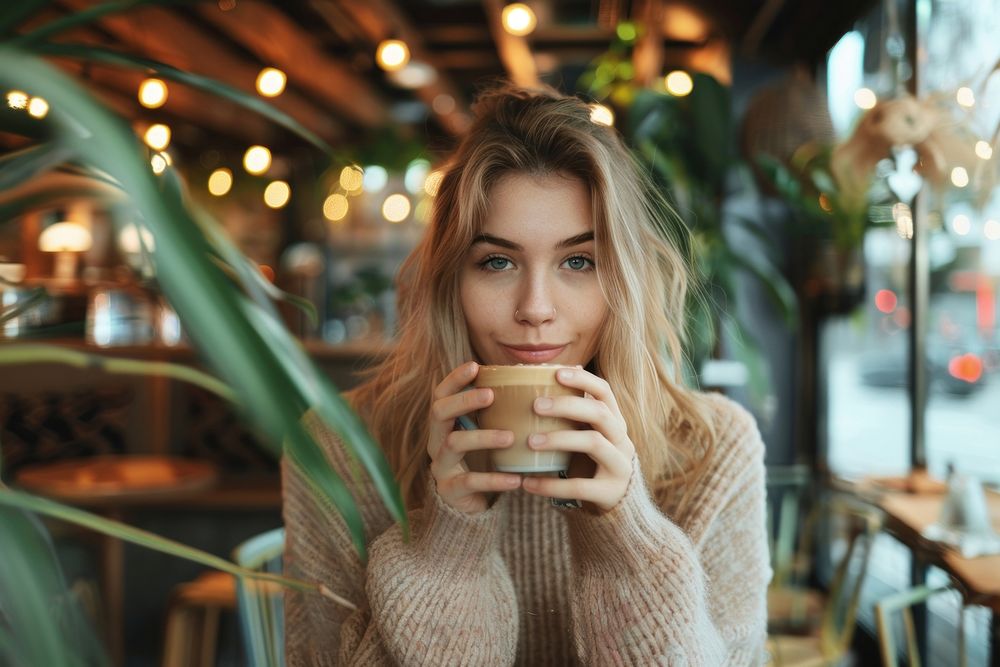 Woman drinking cappuccino blonde person human.