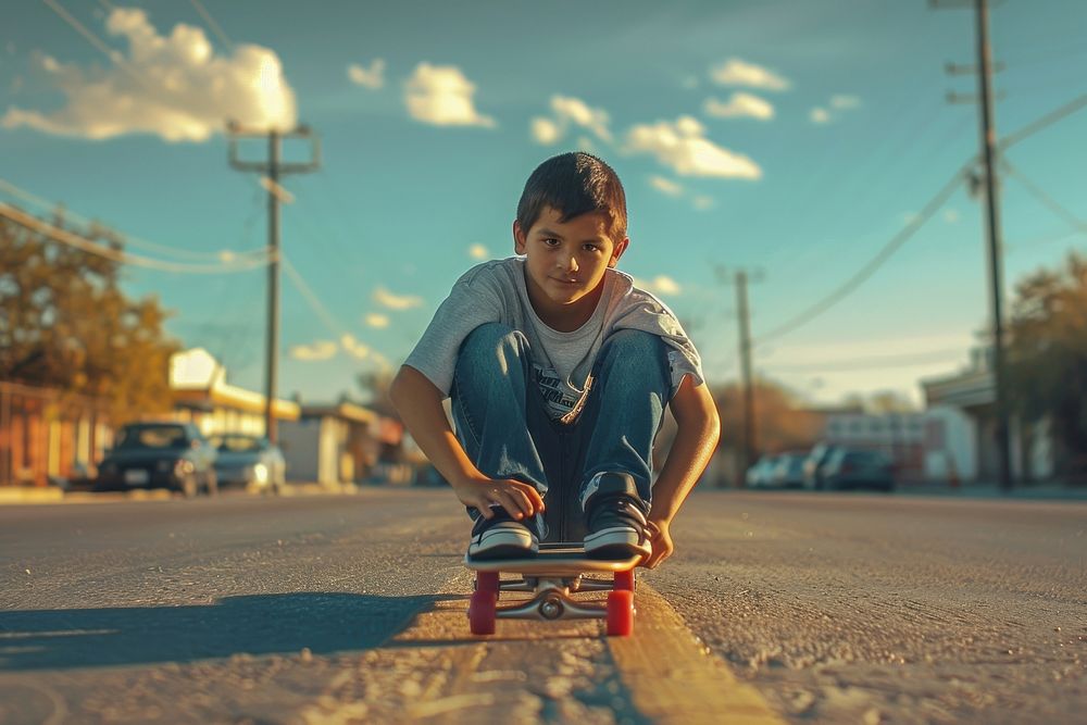 Teenage hispanic boy skateboard transportation automobile.