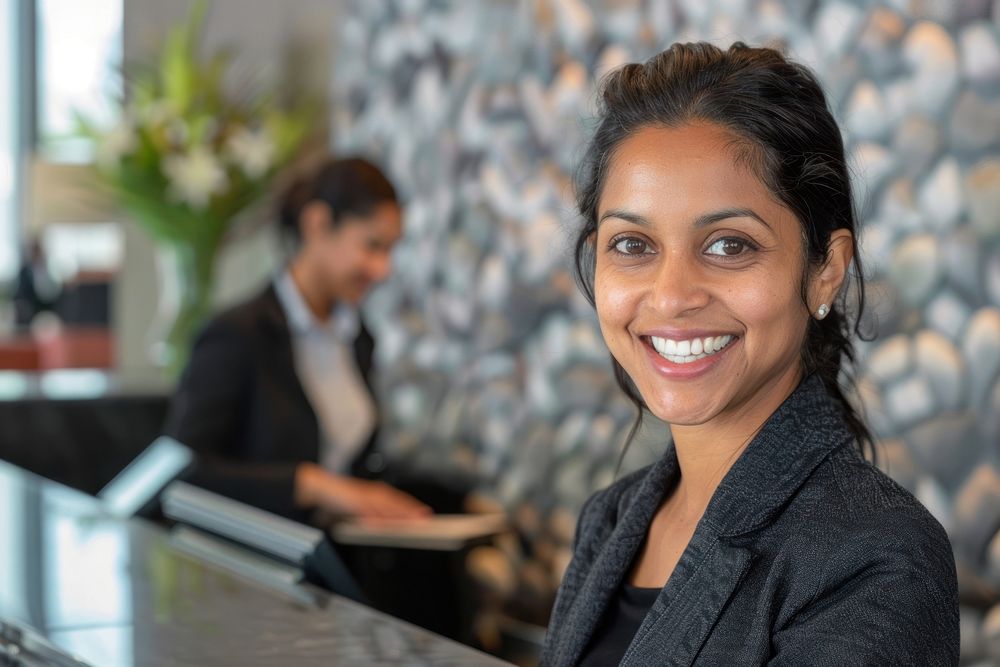South asian receptionist happy woman executive.
