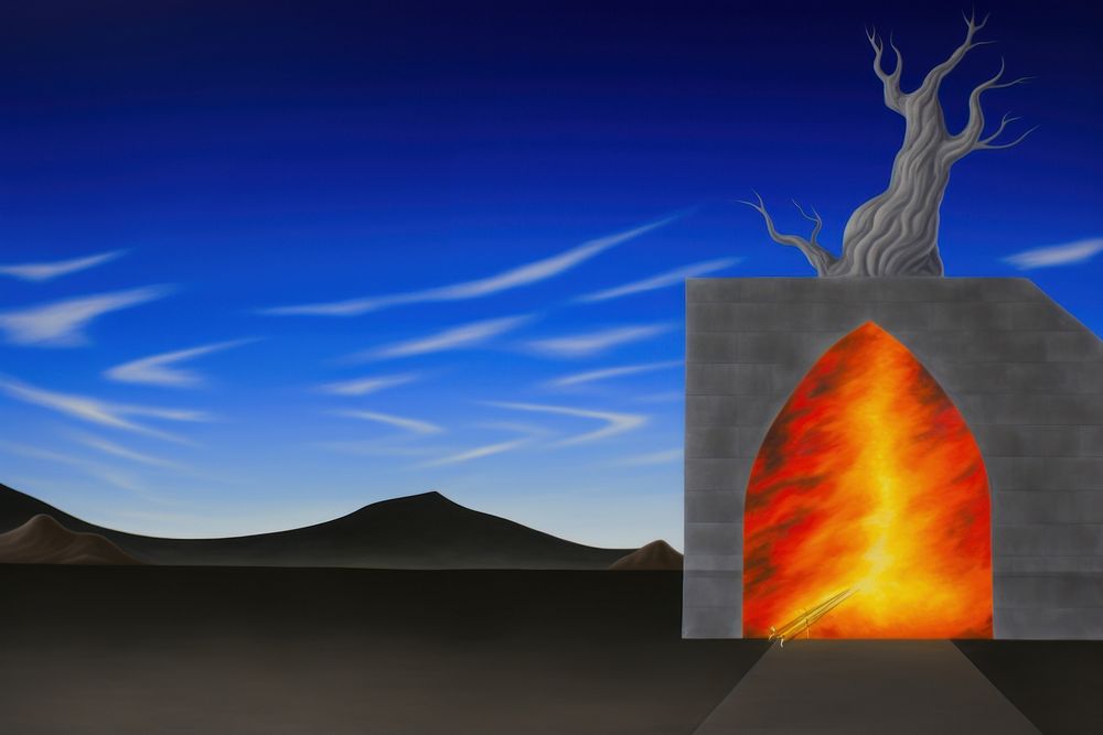 Climate change art fireplace mountain.