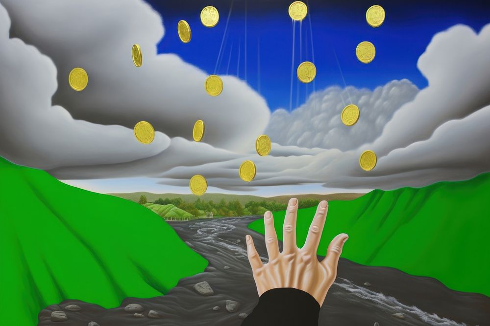 Businessman hand up under rain of money coins painting art medication.