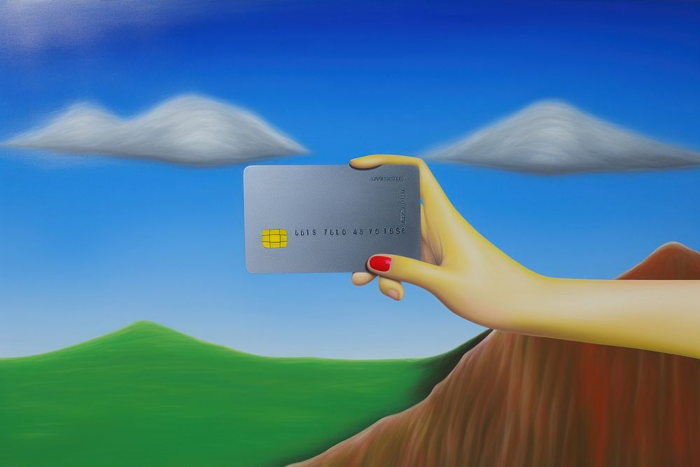 Hand holding credit card art text.