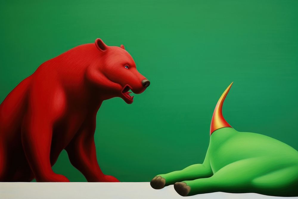 Red bear and green bull cartoon animal mammal.
