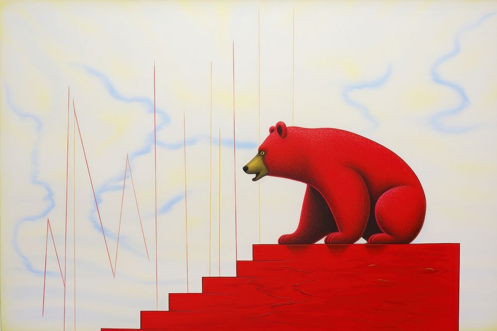 Red bear with financial chart down painting wildlife cartoon.