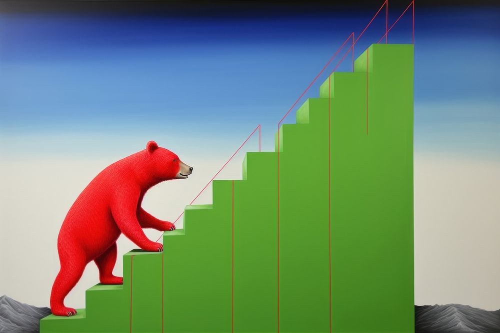 Red bear with financial chart down architecture staircase wildlife.