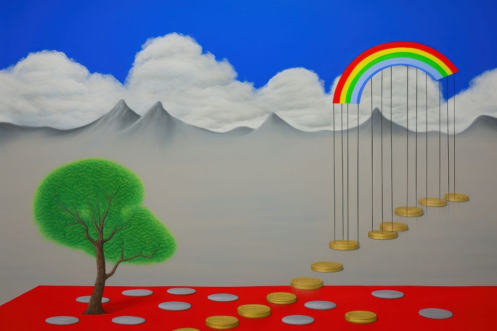 Under rain of money coins with growth financial chart painting outdoors nature.