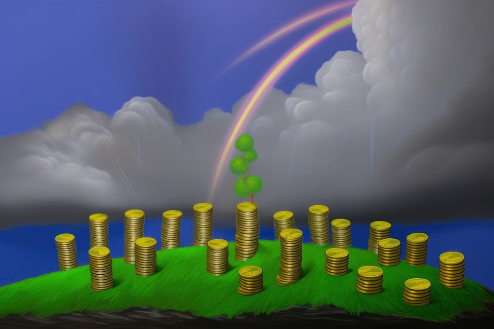 Under rain of money coins with growth financial chart outdoors machine nature.