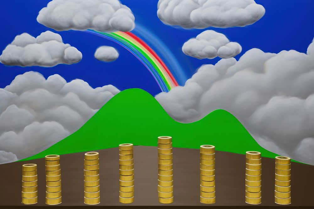 Under rain of money coins with growth financial chart outdoors rainbow nature.