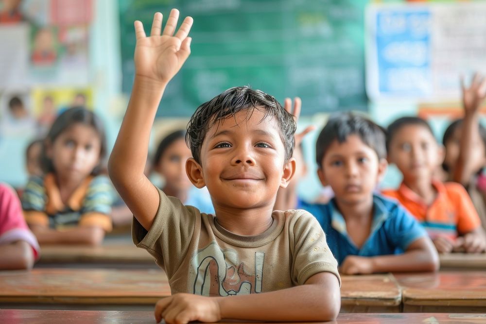 South Asian kid hand up school happy architecture.