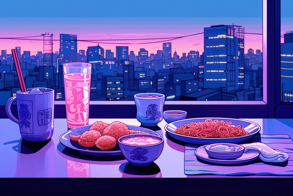 A japanese food architecture cityscape table.