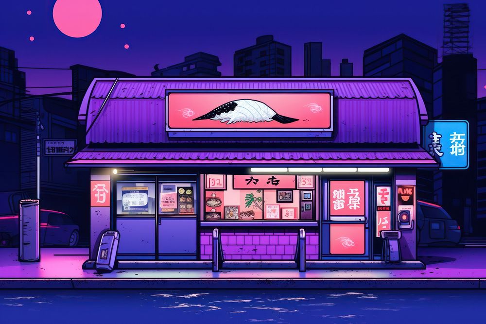 A japanese sushi purple night sign.