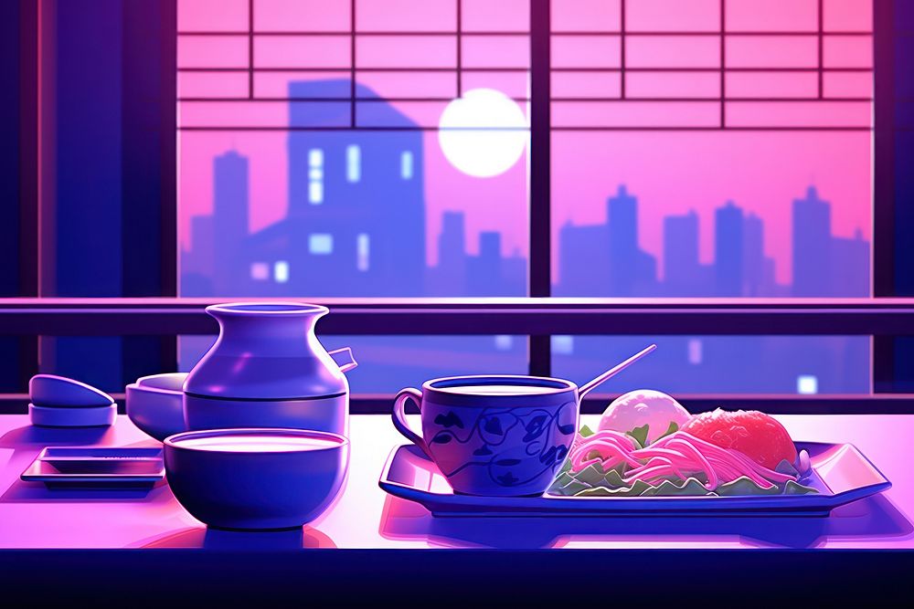 A japanese food restaurant purple table.