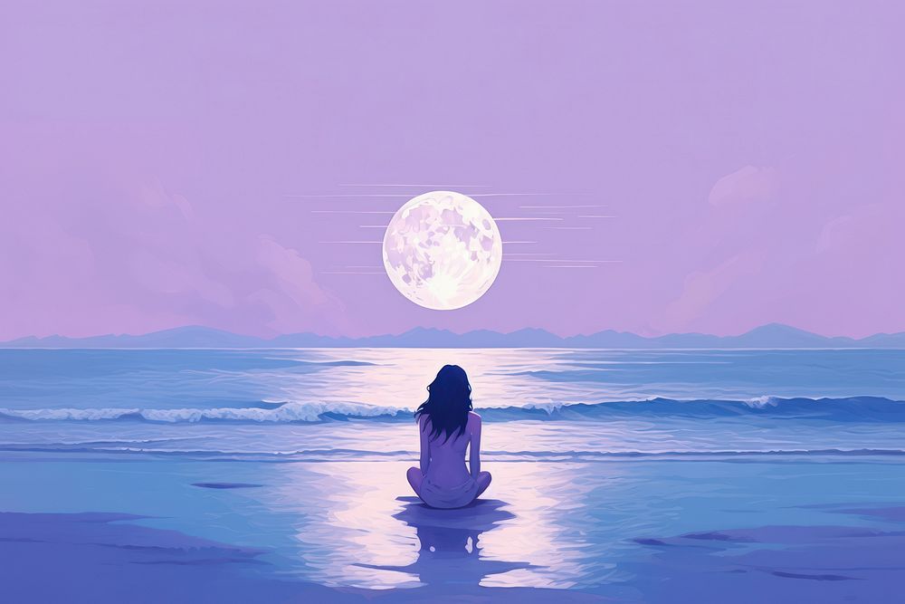 A woman sitting at the beach outdoors nature purple.